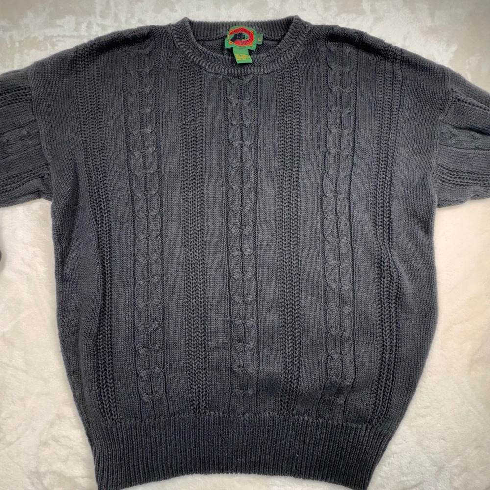 Boston‎ Traders Sweater Mens Large Black Cableknit Ramie Cotton Crewneck Vintage